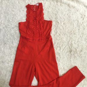 LULUMARI Embroidered Jumpsuit Skinny Leg Trim Sleeveless Pockets Romper Red S